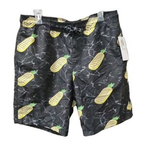 Neff Board Short Mens Lg Black Yellow 8.5'' Inseam Pineapple Floats‎ W/ Pockets